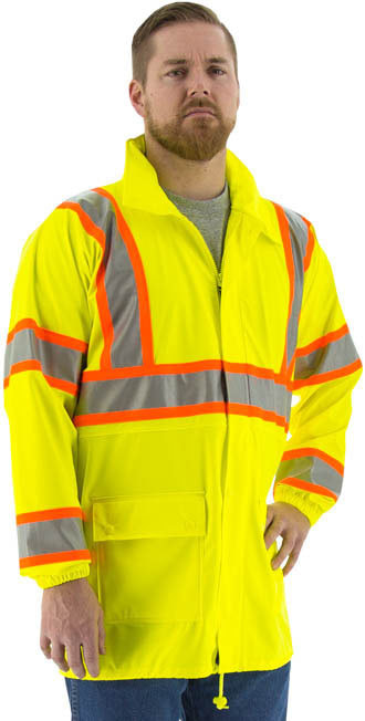 •	- High visibility yellow polyester rain jacket with polyurethane coating
•	- Breathable and stretchable
•	- Double welded waterproof seams
•	- Outer pockets with snap closure storm flaps
•	- Zipper closure with snap closure storm flaps
•	- Concealed hood with zipper closure70
•	- Elastic wrists and pull string waist for superior fit                           #70940
•	- 3M Scotchlite™ reflective striping with contrasting orange D.O.T. striping 
•	- Unlined for warm weather comfort
•	- Meets ANSI 107-2015 Class 3, Type R Standard
•	- Sizes medium thru 6x
