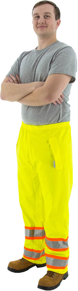 •	- High visibility yellow polyester rain pants with polyurethane coating
•	- Breathable and stretchable
•	- Double welded waterproof seams
•	- Elastic waist and snap ankle closures
•	- Pocket and fly access                                                                                                                              #70920
•	- 3M Scotchlite™ reflective striping with contrasting orange DOT striping at the bottom of 
     the pant legs
•	- Unlined for warm weather comfort
•	- Meets ANSI 107-2015Class E Standard
•	- Sizes medium thru 6x
