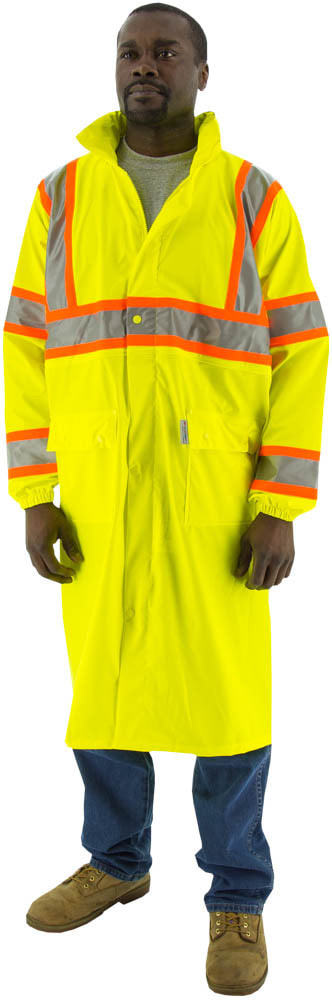 •	- High visibility yellow polyester rain coat with polyurethane coating
•	- 48” long
•	- Breathable and stretchable
•	- Double welded waterproof seams
•	- Outer pockets with snap closure storm flaps
•	- Zipper closure with snap closure storm flaps                                   #70900
•	- Concealed hood with zipper closure
•	- Elastic wrists
•	- 3M Scotchlite™ reflective striping with contrasting orange D.O.T. striping 
•	- Unlined for warm weather comfort
•	- Meets ANSI 107-2015 Class 3, Type R Standard
•	- Sizes medium thru 6x
